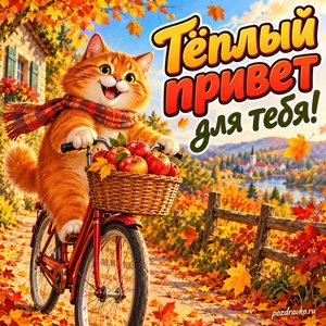 Открытка «Тёплый привет для тебя!» с котом на велосипеде
