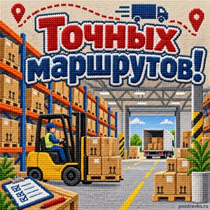 Открытка «Точных маршрутов!» со складом и погрузчиком