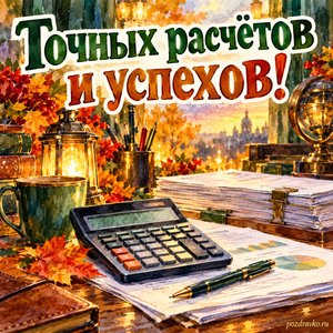 Открытка «Точных расчётов и успехов!» с калькулятором и аккуратными документами в сиянии уютных фонариков