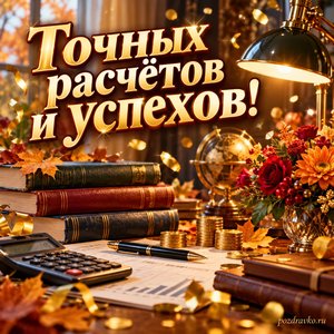 Открытка «Точных расчётов и успехов!» с книгами и настольной лампой с золотыми искрами и конфетти