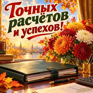 Открытка «Точных расчётов и успехов!» с папкой и букетом хризантем при золотом солнечном свете