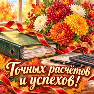 Открытка «Точных расчётов и успехов!» с папкой и букетом хризантем с нарядными праздничными лентами