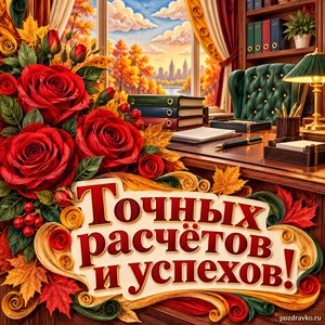 Открытка «Точных расчётов и успехов!» с строгим кабинетом и розами на фоне мягких осенних облаков