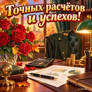Открытка «Точных расчётов и успехов!» с строгим кабинетом и розами в сиянии уютных фонариков