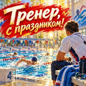 Открытка «Тренер, с праздником!» с бассейном