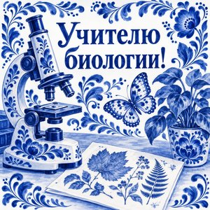 Открытка «Учителю биологии!» с микроскопом и гербарием