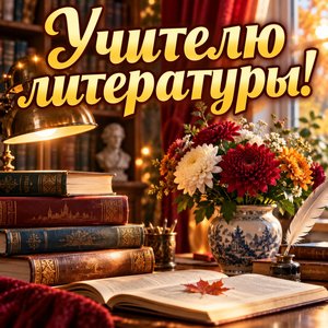 Открытка «Учителю литературы!» с книгами и хризантемами