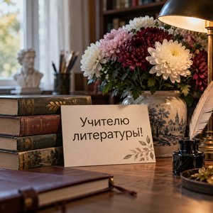 Открытка «Учителю литературы!» со стопкой классики