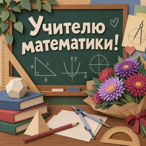 Открытка «Учителю математики!» с циркулем и геометрией
