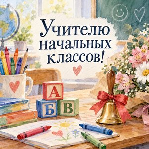 Открытка «Учителю начальных классов!» с кубиками и мелками
