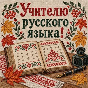 Открытка «Учителю русского языка!» с чернильницей и пером