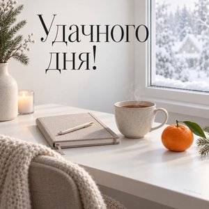 Открытка «Удачного дня!» с мандарином и ежедневником