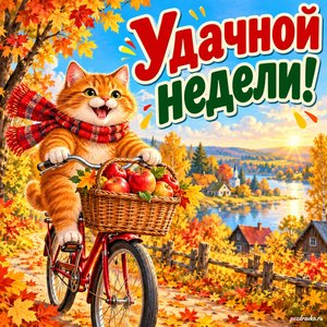 Открытка «Удачной недели!» с котом на велосипеде