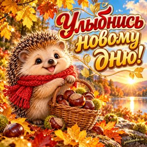 Открытка «Улыбнись новому дню!» с ёжиком и каштанами