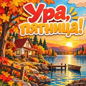 Открытка «Ура, пятница!» с домиком у озера