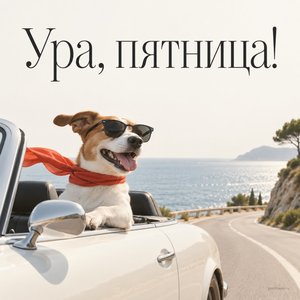 Открытка «Ура, пятница!» с псом в кабриолете