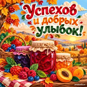 Открытка «Успехов и добрых улыбок!» с баночками варенья и ягодами на фоне мягких осенних облаков