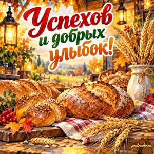 Открытка «Успехов и добрых улыбок!» с хлебом и колосьями в сиянии уютных фонариков
