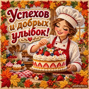 Открытка «Успехов и добрых улыбок!» с кондитером и ярким тортом в рамке из кленовых листьев