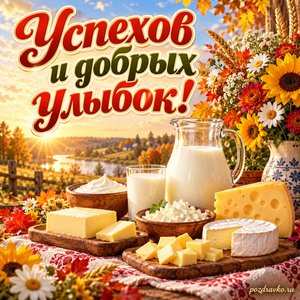 Открытка «Успехов и добрых улыбок!» с молочными продуктами и цветами при золотом солнечном свете
