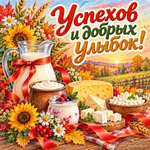 Открытка «Успехов и добрых улыбок!» с молочными продуктами и цветами с нарядными праздничными лентами