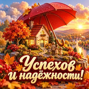 Открытка «Успехов и надёжности!» с большим зонтом и уютным домиком на фоне мягких осенних облаков