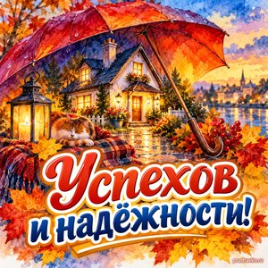 Открытка «Успехов и надёжности!» с большим зонтом и уютным домиком в сиянии уютных фонариков