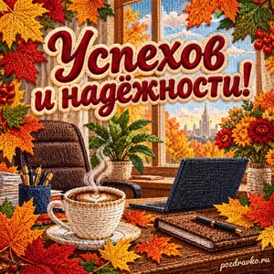 Открытка «Успехов и надёжности!» с осенним офисом и чашкой кофе в рамке из кленовых листьев