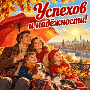 Открытка «Успехов и надёжности!» с семьёй под ярким зонтом при золотом солнечном свете