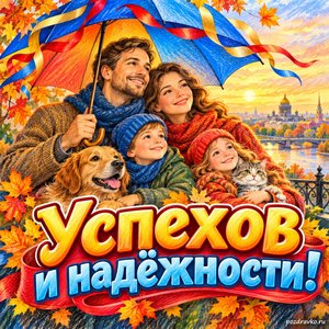 Открытка «Успехов и надёжности!» с семьёй под ярким зонтом с нарядными праздничными лентами