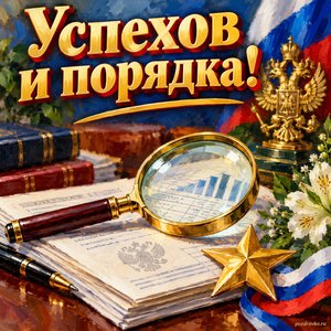 Открытка «Успехов и порядка!» с лупой и документами