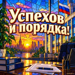 Открытка «Успехов и порядка!» со зданием и флагом
