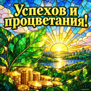 Открытка «Успехов и процветания!» с листом и рассветом
