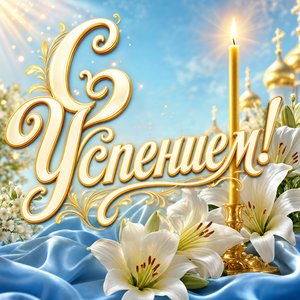 Открытка Успение Пресвятой Богородицы с белыми лилиями и церковной свечой