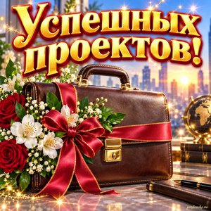 Открытка «Успешных проектов!» с портфелем и цветами