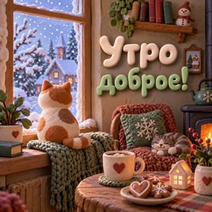 Открытка «Утро доброе!» с котом у снежного окна