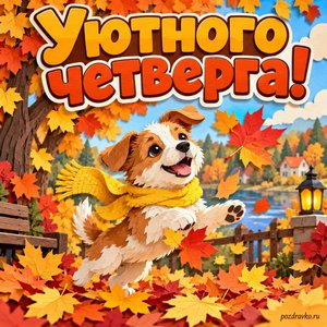 Открытка «Уютного четверга!» со щенком в жёлтом шарфе