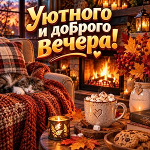 Открытка «Уютного и доброго вечера!» с камином и какао