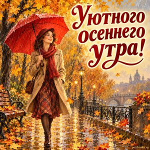 Открытка «Уютного осеннего утра!» с девушкой под красным зонтом