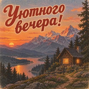 Открытка «Уютного вечера!» с горами и домиком