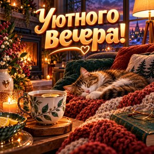 Открытка «Уютного вечера!» с котом и пледом