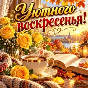 Открытка «Уютного воскресенья!» с кофе и жёлтыми розами