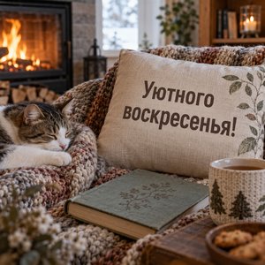Открытка «Уютного воскресенья!» с котом у камина
