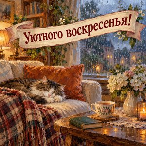 Открытка «Уютного воскресенья!» с пледом и книгой