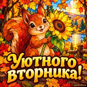 Открытка «Уютного вторника!» с белкой и подсолнухом