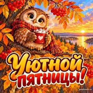 Открытка «Уютной пятницы!» с совой и какао
