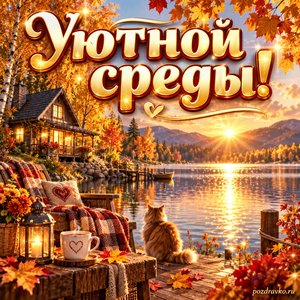 Открытка «Уютной среды!» с домиком у озера