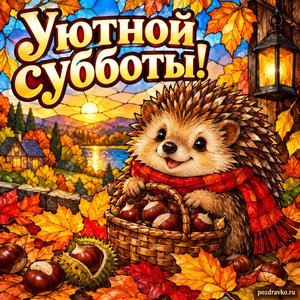 Открытка «Уютной субботы!» с ёжиком и каштанами