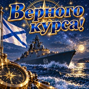 Открытка «Верного курса!» с кораблём под звёздами