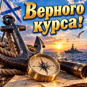 Открытка «Верного курса!» с якорем и розой ветров